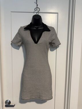 Striped V-Neck Polo Collar Mini Dress in Black and White